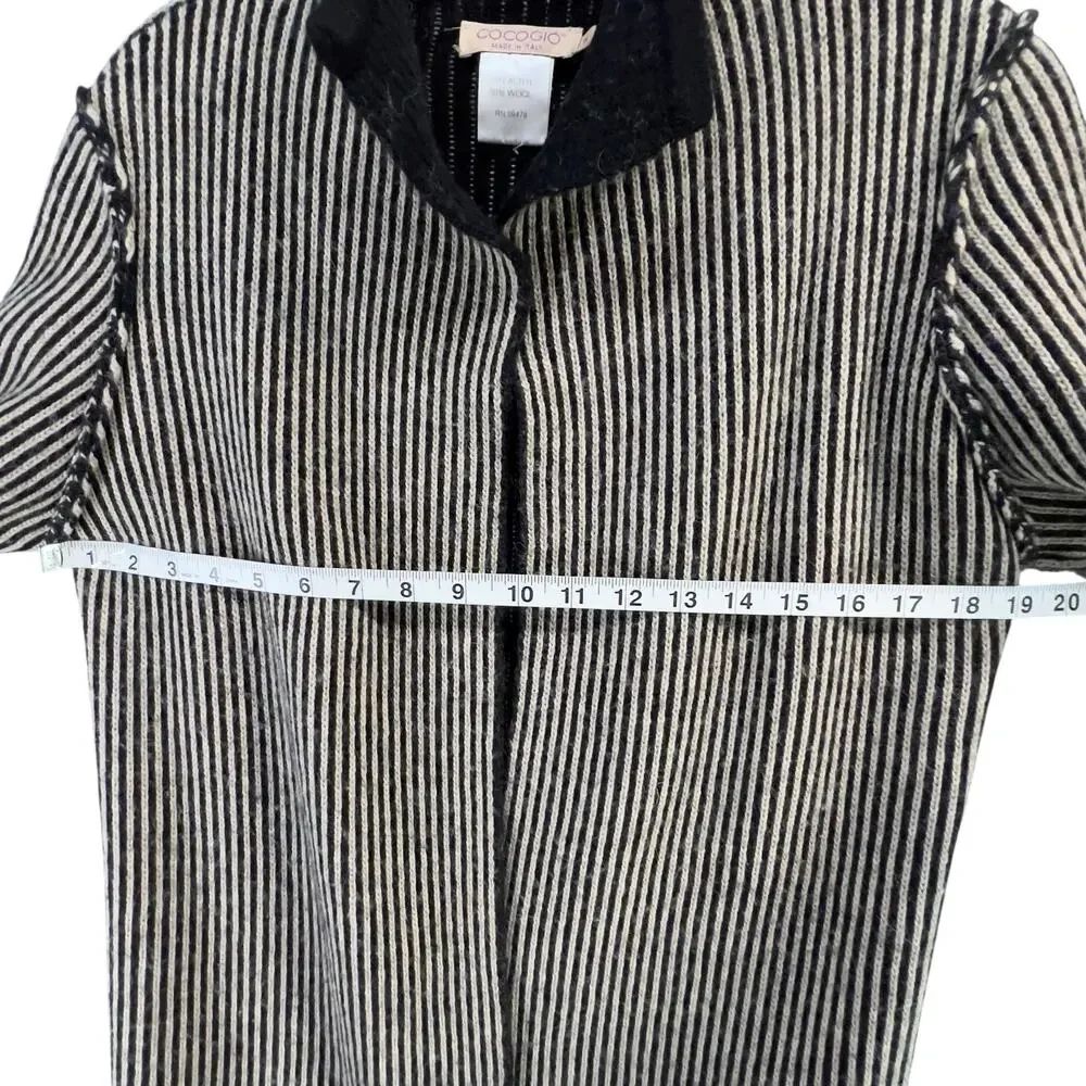 Cocogio Cardigan Sweater M Black‎ Tan Striped Wool Blend Cozy Coatigan Italy